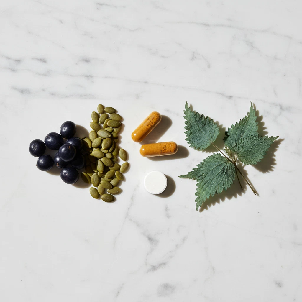 Natural botanical ingredients for pelvic circulation support supplement NZ - saw palmetto, pumpkin seeds, nettle, zinc capsules