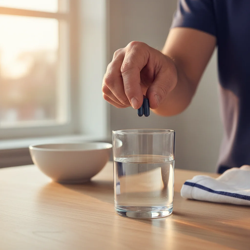 Daily supplement routine for men's urinary comfort - hands holding Hardero capsules with glass of water at breakfast